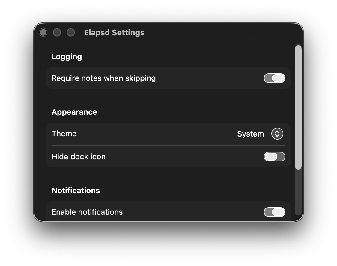Elapsd macOS settings
